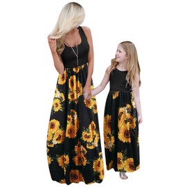 BOFETA Mommy and Me Boho Floral Printed Empire Waisted Family Matching Round Neck Sleeveless Maxi Dress with Pocket Sun Flower 4-5