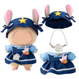 Doll Clothes Set for 17cm Plush Dolls – Tweed Dress, Bow & Mini Bag – Doll Outfit Doll Accessories Gifts – Fits Bunny Plush Toys – For Girls & Boys (Blue)
