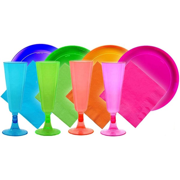 Tiger Chef 136-Piece Fiesta Neon Champagne Flutes Party Pack Includes Hard Plastic Plates, Neon Paper Napkins and Plastic Champagne Glasses in Pink, Blue, Green and Orange Glow Party (Service for 20)