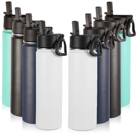Volhoply Insulated Water Bottles with Straw Bulk 8 Pack, 22 oz Stainless Steel Sports Bottle with Hand Lid, Double Walled Vacuum Travel Water Cup with Wide Mouth, Reusable Cold Water Flask(Mix,8 Set)