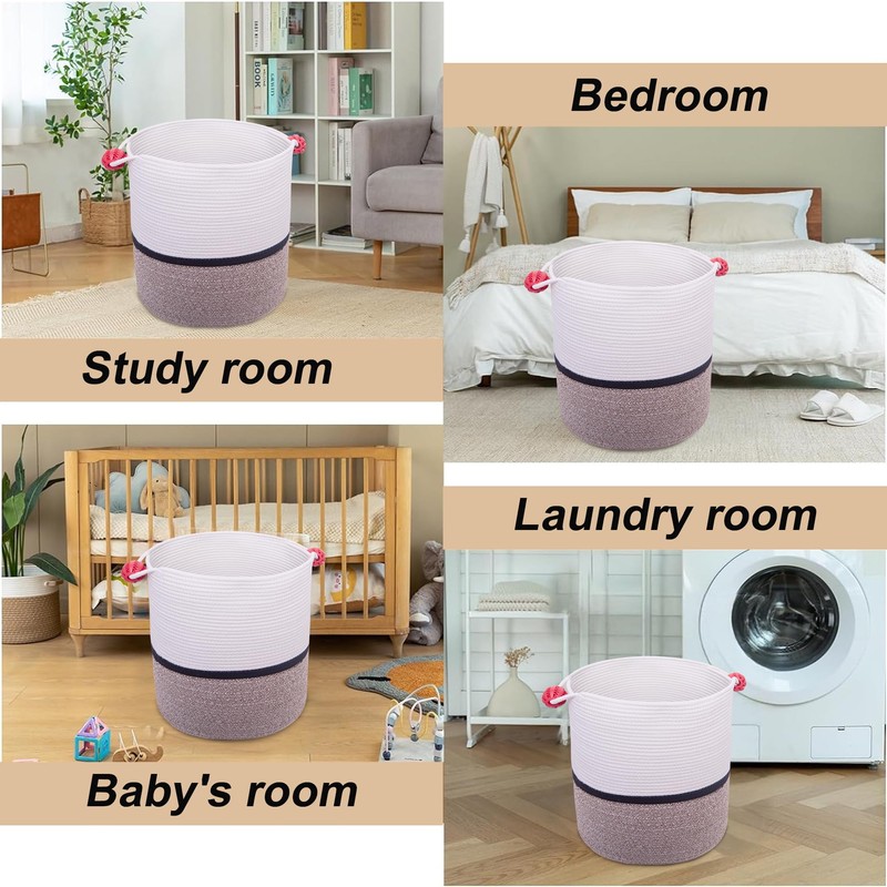 ZhenJeas Laundry Baskets Woven Cotton Rope Laundry Hamper with Handles