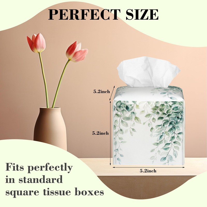 Watercolor Greenery Eucalyptus Leaves Tissue Box Cover Square Leather Tissue
