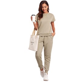 Famulily Womens 2 Piece Lounge Set Short Sleeve Pullover Tops and High Waist Pants with Pockets 2024 Trendy Sweatsuit Khaki XXL