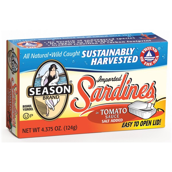 Season Sardines in Tomato Sauce | Gluten Free, Keto, Paleo, Kosher, Non-GMO, Omega-3 Fatty Acids, Sugar Free, Salt Added | Certified Wild Caught & Sustainable Fresh Fish | 4.375 oz (Pack of 6)