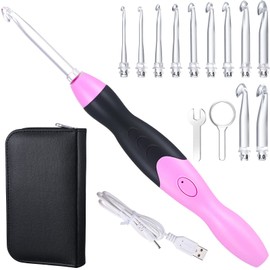 11 Sizes Lighted Crochet Hooks Set Rechargeable Crochet Hook Light Up Hooks with Case, Interchangeable Heads 2.5 mm to 8 mm for DIY Craft Supplies(Pink-Black)