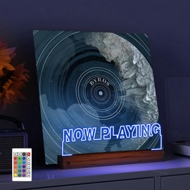 YuanDian Light up Now Playing Vinyl Record Stand, Wooden Acrylic Holder for Vinyl Album Display and Storage, Vinyl Illuminated LED Display Shelf with 16 Changing Color Lights