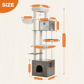 PAWZ Road Large Cat Tree with Food Station, 74.8 Inches Wooden Cat Tower with Extra Large Condos and Hammocks,Spacious Perch,Sisal and Steel Posts, Scratching Mat for Indoor Large Cats-Gray