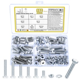 152 Pcs M6 Nuts and Bolts Set, M6 Hex Bolts and Nuts Set, Machine Screws Assorted Bolts and Nuts and Washers Assortment Kit for Home or Repair