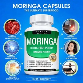 Pure Moringa Powder Capsules 1200mg - Immune & Gut Health, 90 Capsules