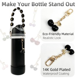 BydGxy Protective Silicone Boot & Handle Strap Set with Cherry Charm Compatible with Owala Water Bottle 24 oz & FreeSip, Non-Slip Cup Holder Base Owala Accessories Set for Pink Tumblers (Black)