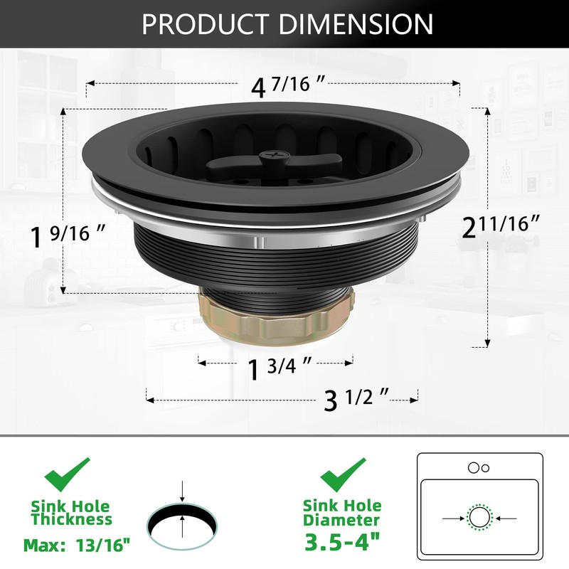 EXAKEY Black Sink Drain 3-1/2 Inch Kitchen Sink Drain Strainer