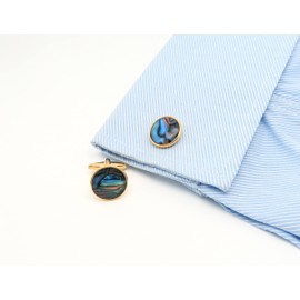 Jonwo Polished Natural Abalone Men Cufflinks and Tie Clip Set Silver Tone 14K Gold Plated Men Tie Pin Cufflinks for Wedding Tuxedo Shirt Party Birthday Anniversary (Round Gold Plated Cufflinks)