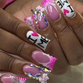 24Pcs French Tip Press on Nails Medium Duck Fake Nails Pink Ombre Nails Press Ons with 3D Swirl and Bow Designs False Nails Letter Acrylic Nails Glossy Full Cover Glue on Nails for Women