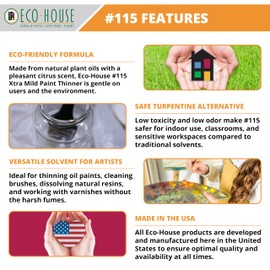 ECO-HOUSE 115 Xtra Mild Paint Thinner – Citrus Scent, Low Odor, Safe Alternative to Turpentine – Eco-Friendly Solvent for Oil Paints, Natural Resins & Varnishes – 473ml (16 oz)