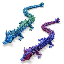 TEAONE Articulated Dragon, 2 PCS 3D Printed Dragon Set for Party Gift, Desk Toy, Birthday Decoration (Length 22cm/8.66in, Purple & Green)