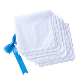 LACS Bulk Solid White Cotton Handkerchiefs Emboridery Scalloped Hankies for Wedding Party DIY Draw Gift 12PCS