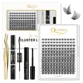 QUEWEL 144 Piece DIY Eyelash Extensions Set, Eyelash Cluster with Cluster Eyelashes, Individual Applicator Tool, Super Hold Eyelash Glue and Sealing (FD-H-A-TH-02)