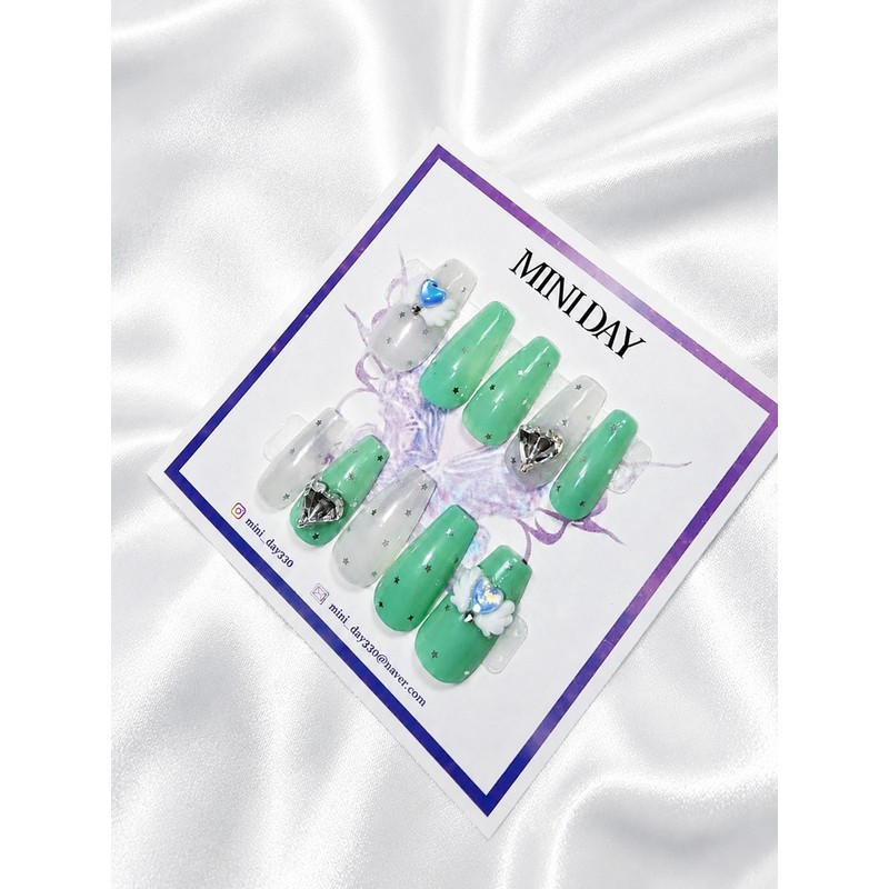 Mint Angel Heart Handmade Nail Tips - Stiletto / 민트