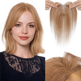 Hairro Human Hair Toppers with Side Bangs, 3D 360° Seamless Real Hair Toppers, Hand-Tied with 3.5"x4.7" T-shaped Base, Clip-In Hairpieces to Add Volume on Top, 11 Inch Light Brown