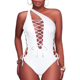 Holipick - Traje de baño de una pieza con espalda cruzada y escote en V profundo y corte de pierna alta para mujer, Blanco, M(US 8-10)