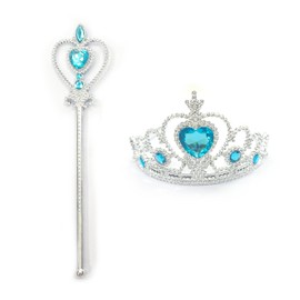 Kuzhi Princess Elsa Crown Tiara and Wand Set — Silver Heart Jewel, Blue