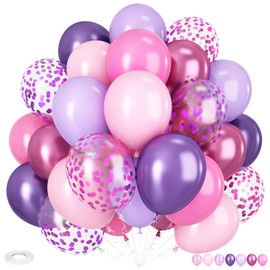 Pink and Purple Balloons, 12 Inch Pastel Purple and Pink Balloons Metallic Pink Purple Confetti Balloons Set with Ribbon for Girls Birthday Baby Shower Wedding Anniversary Engagement Party Decorations
