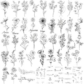 Waterproof Temporary Tattoo - 90 Sheets Realistic Fake Tattoos, 52 sheets Inspirational Words Tattoo stickers, 38sheets Wild Flower Floral Rose Sunflower Bouquet Body Stickers for Adult Women Men Kids