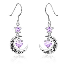 Shysnow Moon Birthstone Earrings for Women 925 Sterling Silver Half Moon Star Dangle Drop Earrings with Heart Crystal Birthday Jewelry for Women, Sterling Silver, Cubic Zirconia