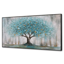 Teal Blue Tree of Life Canvas Wall Art, Hand Painted Modern Abstract Textured Painting, Large Framed Panoramic Landscape wall art for Living Room, Bedroom, Office, Home Decor 40"x20"