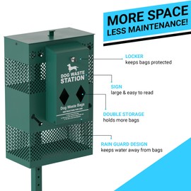 Flash Furniture Kessler Compact Dog Waste Station with Rectangular Lidded Trash Can and Locking Roll Waste Bag Dispenser, Green