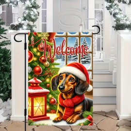 Merry Christmas Garden Flag 12X18 Winter Double Side Dachshund Dog Garden Flag with Santa Hat Snowflake Red Scarf Winter Decorative Banner for Outside Yard Home