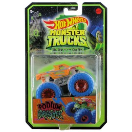 Hot Wheels 2022 Monster Trucks 1:64 Scale Diecast Glow in The Dark Podium Crasher, Orange with Blue Wheels