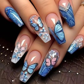 Butterfly Press on Nails Long Coffin Fake Nails Gradient White Nail Tips False Nails with Pink Blue Butterflies Flowers Design Glossy Spring Summer Butterfly Floral Glue on Nails for Women Manicure