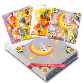 Artby7 100 Pcs Small Eid Mubarak cookie Bags, 4'' X 4'' Eid Cellophane Treat Bags Ramadan Kareem Bags Eid Moon Goodie Candy Bags Gift Bags for Eid Mubarak Party Supplies