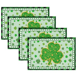 4PCS Buffalo Plaid Shamrock St. Patrick's Day Placemats, 12 x 18" Green Spring Linen Place Mats Washable, Lucky Shamrock Dining Table Mats for St. Patrick Theme Party Kitchen Table Home Decoration