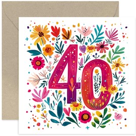 Special 40th Birthday Card for Woman - Beautiful and Joyful Floral Artwork for Her - Adult Milestone Age Colourful Design for Daughter, Granddaughter, Niece - Blank Design with Envelope