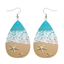 Zokola Leather Earrings For Women Beach, Tropical Beach Sand Ocean Waves Starfish Dangle Earrings Eardrop Earrings For Teen Friends Teardrop Jewelry Earrings