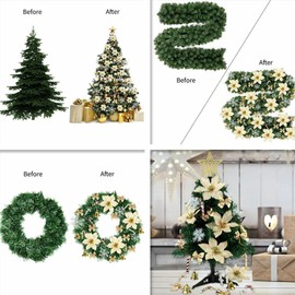 120 Pieces Flower Decoration Set, Christmas Tree Decorations Hanging Plastic Flowers, Simulation Flowers, Flowers, Snowflakes, Bows, Bells, Small Sticks, Christmas Decoration (Gold)