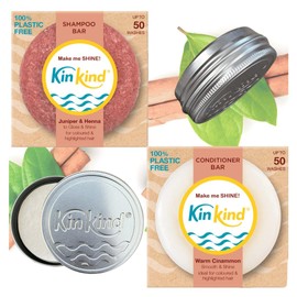 KinKind Make me SHINE! Travel Shampoo and Conditioner Bars. Up to 50 washes. Travel size shampoo toiletries set with 2 shampoo bar tins. No leakage. Ideal for holidays, gym & pool