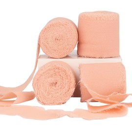 4 Rolls Chiffon Silk Ribbon Frayed Edge Chiffon Ribbon 1-1/2 Inch Wide 21 Yards Long Handmade Fringe Silk Chiffon Ribbon for Crafts Weddings and Home Decor Peach Puff #109