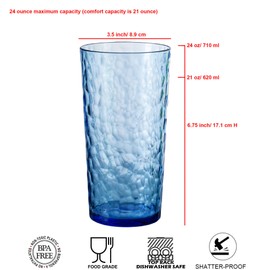 ZAINCA 24-ounce Plastic Tumblers, Acrylic Drinking Glasses High-Balls, set of 8 Blue, Reusable Plastic Cups, Hammered Style Stackable, BPA-Free, Shatter-Proof, Dishwasher-Safe