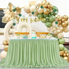 Chiffon Table Skirt for Wedding Decorations - 9ft Sage Green Tablecloth for Baby Shower Valentines Party Summer Home Decorations 2 Layer