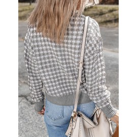 Dokotoo 2024 Fashion Cardigan Sweaters for Women V Neck Button Up Long Sleeve Color Block Plaid Cable Knit Sweater Casual Flowy Fall Womens Cardigans Ladies Outerwear Gray L