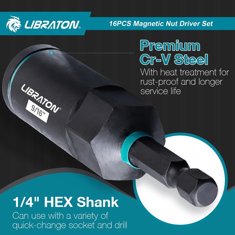 LIBRATON Magnetic Nut & Driver Set, 16pc Impact Driver Bit