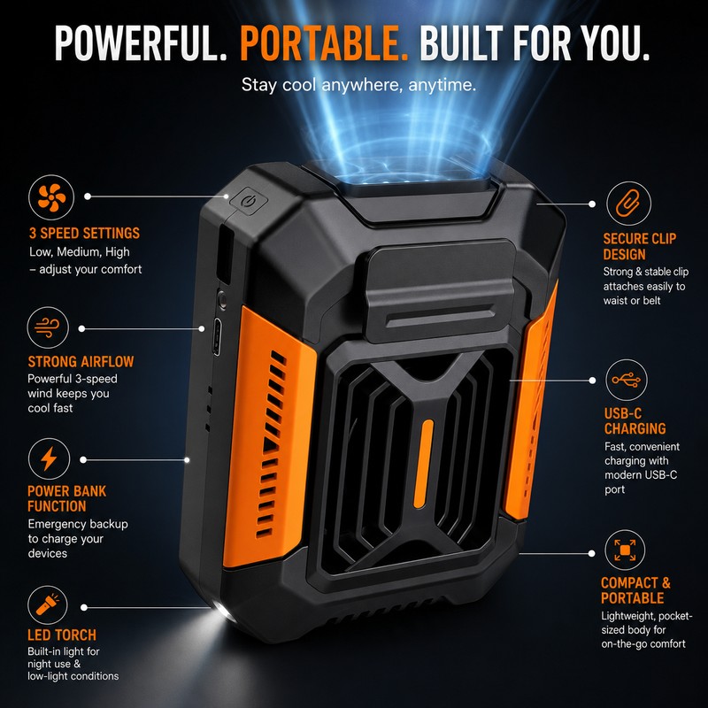 Portable Waist Fan for Outdoor Work – Rechargeable 3-Speed Belt