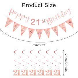 21st Birthday Party Decorations with Happy 21st Birthday Bunting Banner Hanging Swirls Streamers for Girl Party Decoration Supplies (Rose Gold)