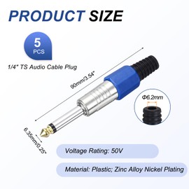 MECCANIXITY 5 Pcs 1/4" Audio TS Plug, 6.35mm Mono Male Plug Cable Connector, TS Male Audio Cable Adapter for Speaker, Microphone, Guitar, 3.58" Silver&Blue