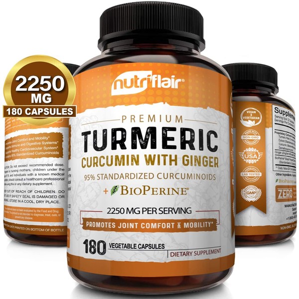 Turmeric Curcumin with Ginger & BioPerine Black Pepper Supplement :: Anti-Inflammatory, Antioxidant, Anti Aging :: 100% Natural, Non-GMO, Vegan Best Maximum Potency, No Side Effects (180 Capsules)