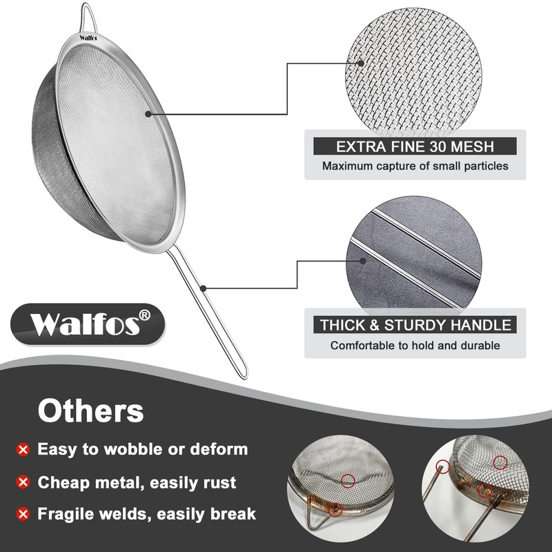 Walfos Fine Mesh Strainer Set of 3, Stainless Steel Wire