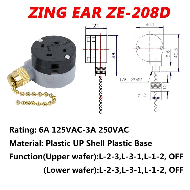 Ceiling Fan Switch Zing Ear ZE-208D 3 Speed Control 5-8